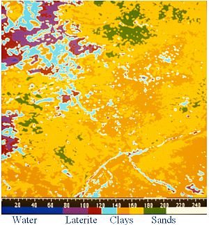 Landsat MSS imagery processed to produce the Soil Brightness Index (SBI). SBI is used to show variations in the soil