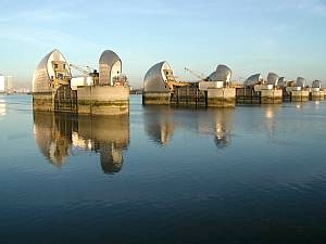 The London Thames Barrier, built to withstand floods in London. Climate changes will mean it is used increasingly often. Image credit: Defra, Crown Copyright.