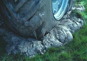 Tyres from heavy machinery - such as this tractor can easily damage the soil structure, especially when the soil is wet.